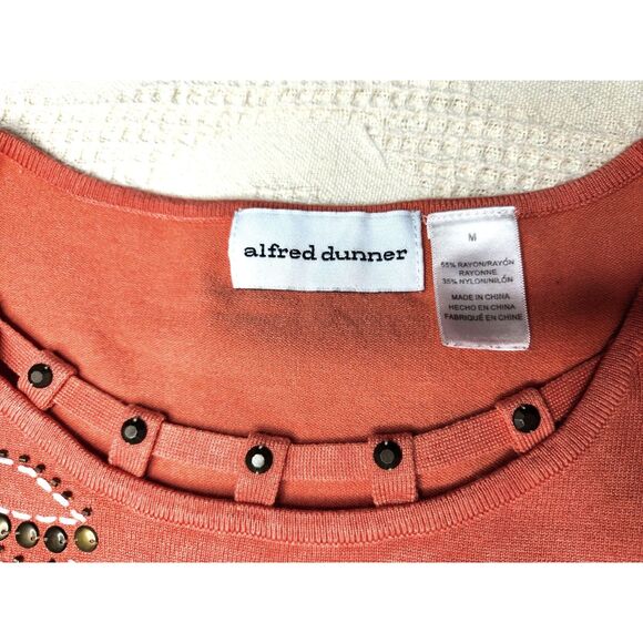 Alfred Dunner Peach Orange Embellished Knit Top Medium Floral Studs Sz. M Beaded - Picture 4 of 5